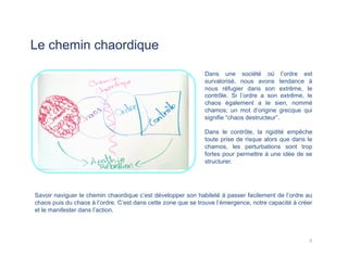 Le chemin chaordique
Dans une société où l’ordre est
survalorisé, nous avons tendance à
nous réfugier dans son extrême, le
contrôle. Si l’ordre a son extrême, le
chaos également a le sien, nommé
chamos; un mot d’origine grecque qui
signifie “chaos destructeur”.
Dans le contrôle, la rigidité empêche
toute prise de risque alors que dans le
chamos, les perturbations sont trop
fortes pour permettre à une idée de se
structurer.
Savoir naviguer le chemin chaordique c’est développer son habileté à passer facilement de l’ordre au
chaos puis du chaos à l’ordre. C’est dans cette zone que se trouve l’émergence, notre capacité à créer
et le manifester dans l’action.
3	
  
 