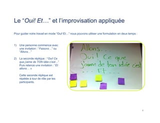 Le “Oui! Et…” et l’improvisation appliquée
1)  Une personne commence avec
une invitation : “Faisons…” ou
“Allons…”
2)  La seconde réplique : “Oui! Ce
que j’aime de TON idée c’est…”
Puis relance une invitation : “Et
allons… »
Cette seconde réplique est
répétée à tour de rôle par les
participants.
8	
  
Pour guider notre travail en mode “Oui! Et…” nous pouvons utiliser une formulation en deux temps :
 