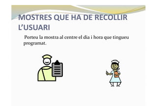 MOSTRES QUE HA DE RECOLLIR
L’USUARI
Porteu la mostra al centre el dia i hora que tingueu
programat.
 
