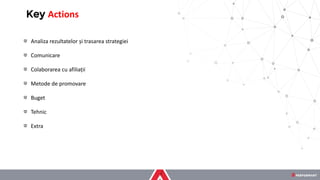Analiza rezultatelor și trasarea strategiei
Comunicare
Colaborarea cu afiliații
Metode de promovare
Buget
Tehnic
Extra
Key Actions
 