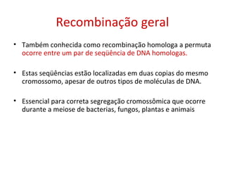 Recombinação geral
• Também conhecida como recombinação homologa a permuta
ocorre entre um par de seqüência de DNA homologas.
• Estas seqüências estão localizadas em duas copias do mesmo
cromossomo, apesar de outros tipos de moléculas de DNA.
• Essencial para correta segregação cromossômica que ocorre
durante a meiose de bacterias, fungos, plantas e animais
 