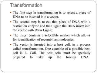 Transformation
 The first step in transformation is to select a piece of
DNA to be inserted into a vector.
 The second step is to cut that piece of DNA with a
restriction enzyme and then ligate the DNA insert into
the vector with DNA Ligase.
 The insert contains a selectable marker which allows
for identification of recombinant molecules.
 The vector is inserted into a host cell, in a process
called transformation. One example of a possible host
cell is E. Coli. The host cells must be specially
prepared to take up the foreign DNA.
 
