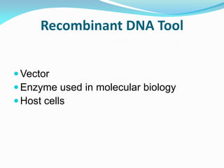 Recombinant DNA Tool
Vector
Enzyme used in molecular biology
Host cells
 