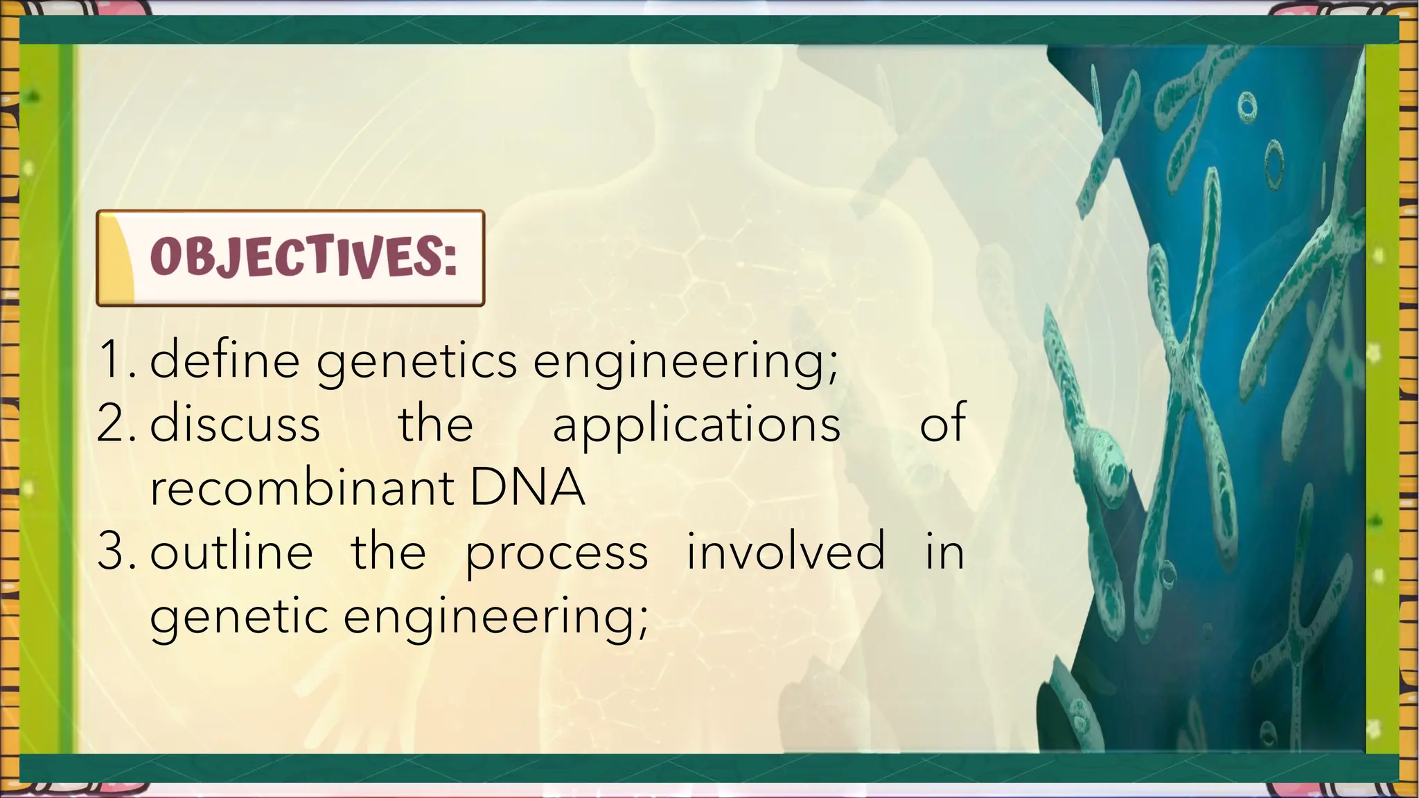 1. define genetics engineering;
2. discuss the applications of
recombinant DNA
3. outline the process involved in
genetic engineering;
 