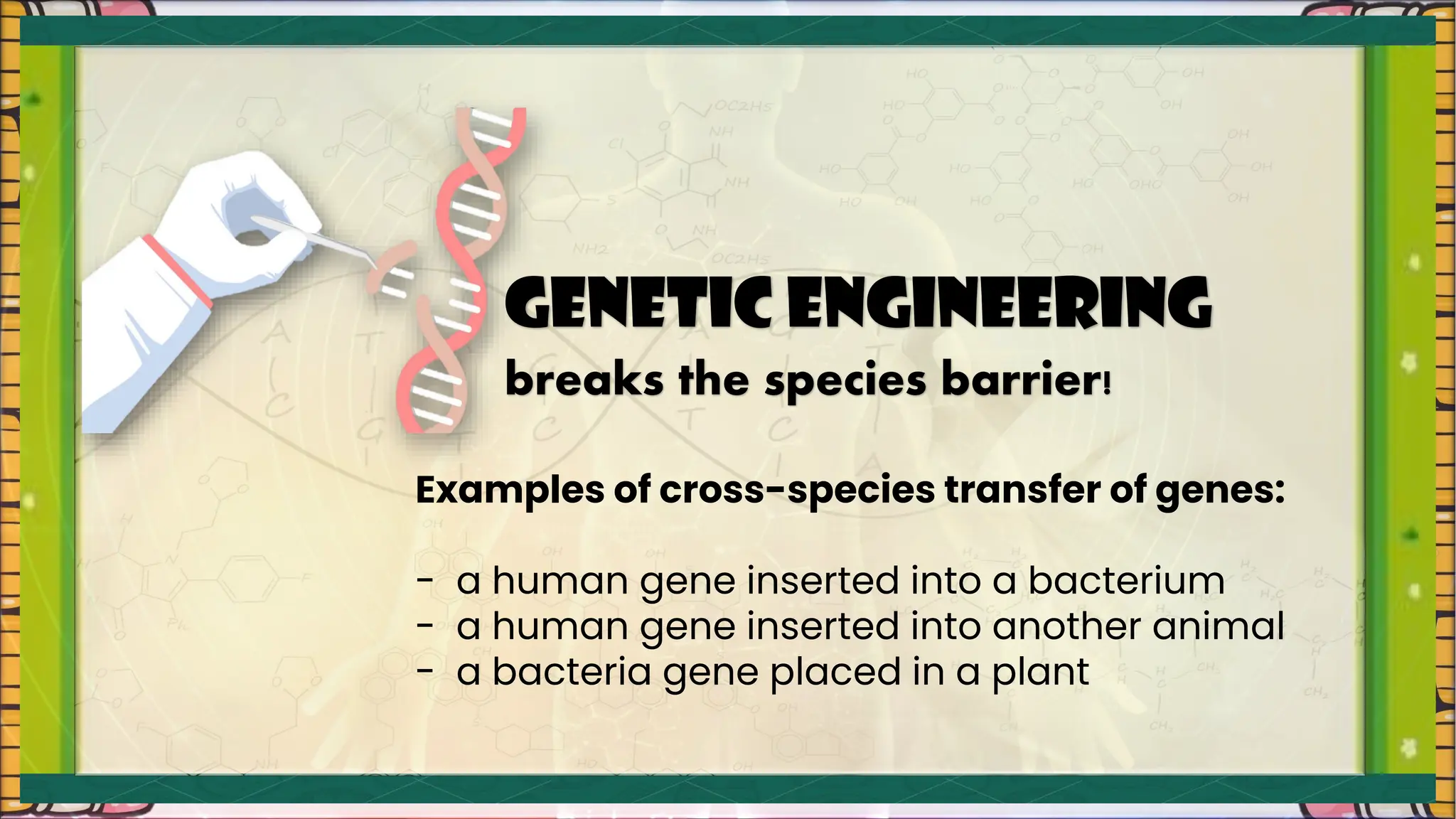 GENETIC engineering
breaks the species barrier!
Examples of cross-species transfer of genes:
- a human gene inserted into a bacterium
- a human gene inserted into another animal
- a bacteria gene placed in a plant
 