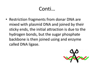 Conti…
• Restriction fragments from donar DNA are
mixed with plasmid DNA and joined by their
sticky ends, the initial attraction is due to the
hydrogen bonds, but the sugar phosphate
backbone is then joined using and enzyme
called DNA ligase.
 
