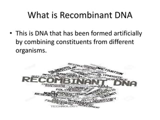 What is Recombinant DNA
• This is DNA that has been formed artificially
by combining constituents from different
organisms.
 