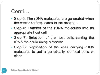 Conti…
 Step 5: The rDNA molecules are generated when
the vector self replicates in the host cell.
 Step 6: Transfer of the rDNA molecules into an
appropriate host cell.
 Step 7: Selection of the host cells carring the
rDNA molecule using a marker.
 Step 8: Replication of the cells carrying rDNA
molecules to get a genetically identical cells or
clone.
12 Salman Saeed Lecturer (Botany)
 