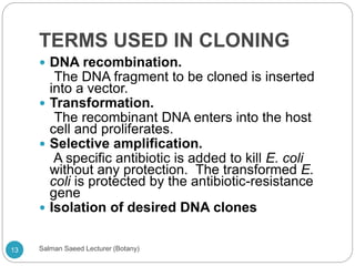 TERMS USED IN CLONING
 DNA recombination.
The DNA fragment to be cloned is inserted
into a vector.
 Transformation.
The recombinant DNA enters into the host
cell and proliferates.
 Selective amplification.
A specific antibiotic is added to kill E. coli
without any protection. The transformed E.
coli is protected by the antibiotic-resistance
gene
 Isolation of desired DNA clones
13 Salman Saeed Lecturer (Botany)
 