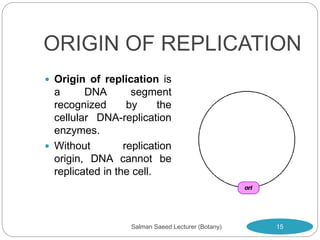 ORIGIN OF REPLICATION
 Origin of replication is
a DNA segment
recognized by the
cellular DNA-replication
enzymes.
 Without replication
origin, DNA cannot be
replicated in the cell.
15
Salman Saeed Lecturer (Botany)
 
