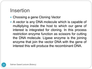 Insertion
 Choosing a gene Cloning Vector
 A vector is any DNA molecule which is capable of
multiplying inside the host to which our gene of
interest is integrated for cloning. In this process
restriction enzyme function as scissors for cutting
the DNA molecule. Ligase enzyme is the joining
enzyme that join the vector DNA with the gene of
interest this will produce the recombinant DNA.
23 Salman Saeed Lecturer (Botany)
 