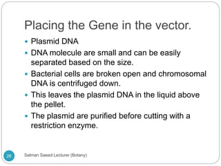 Placing the Gene in the vector.
 Plasmid DNA
 DNA molecule are small and can be easily
separated based on the size.
 Bacterial cells are broken open and chromosomal
DNA is centrifuged down.
 This leaves the plasmid DNA in the liquid above
the pellet.
 The plasmid are purified before cutting with a
restriction enzyme.
26 Salman Saeed Lecturer (Botany)
 