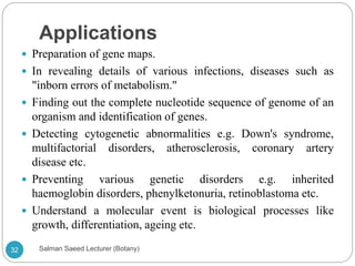 Applications
 Preparation of gene maps.
 In revealing details of various infections, diseases such as
"inborn errors of metabolism."
 Finding out the complete nucleotide sequence of genome of an
organism and identification of genes.
 Detecting cytogenetic abnormalities e.g. Down's syndrome,
multifactorial disorders, atherosclerosis, coronary artery
disease etc.
 Preventing various genetic disorders e.g. inherited
haemoglobin disorders, phenylketonuria, retinoblastoma etc.
 Understand a molecular event is biological processes like
growth, differentiation, ageing etc.
32 Salman Saeed Lecturer (Botany)
 