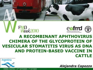 A RECOMBINANT APHTHOVIRUS
CHIMERA OF THE GLYCOPROTEIN OF
VESICULAR STOMATITIS VIRUS AS DNA
AND PROTEIN-BASED VACCINE IN
CATTLE
Alejandra Capozzo
ICT MISLTEIN- CONICET. Buenos Aires, ARGENTINA
 