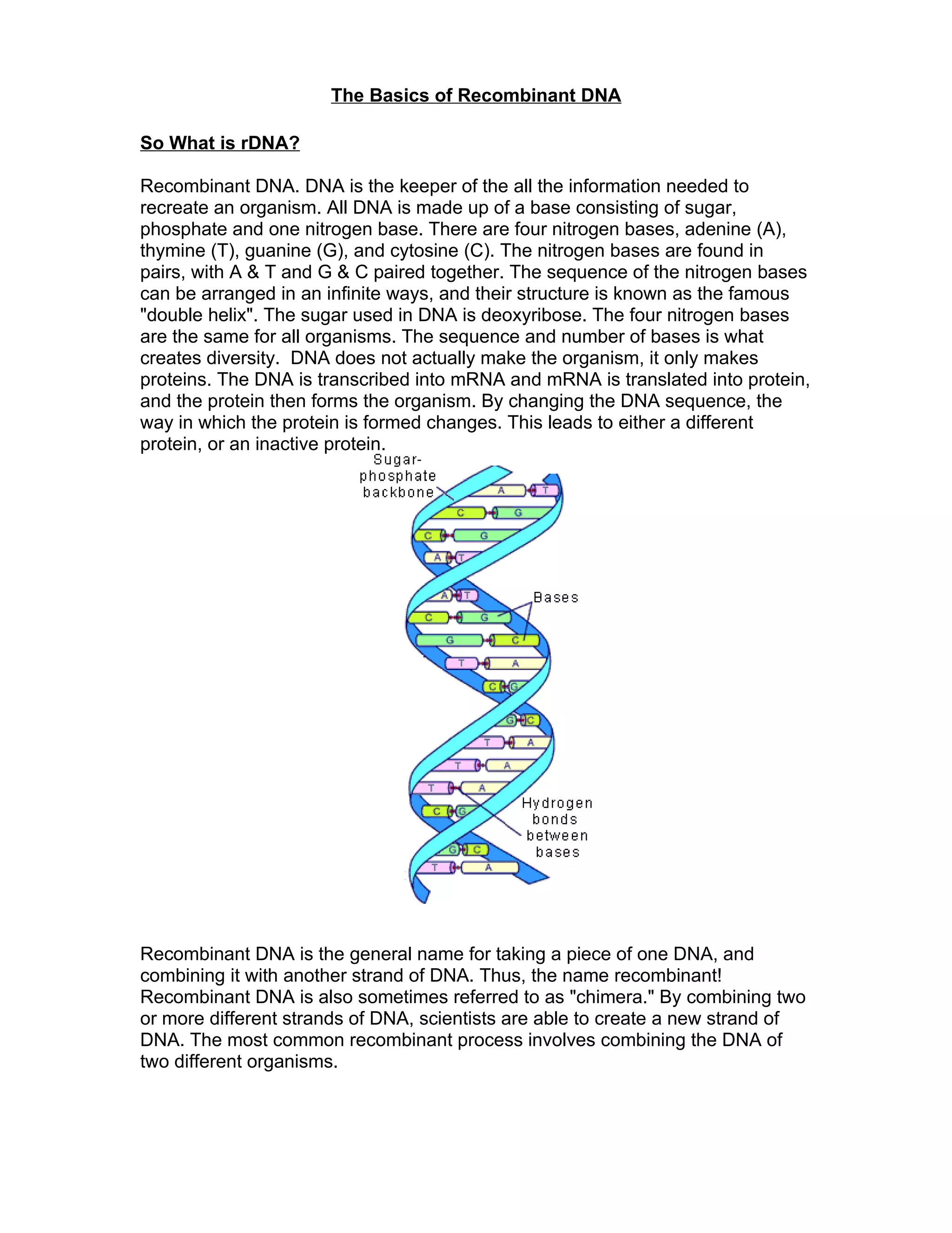 The Basics of Recombinant DNA

So What is rDNA?

Recombinant DNA. DNA is the keeper of the all the information needed to
recreate an organism. All DNA is made up of a base consisting of sugar,
phosphate and one nitrogen base. There are four nitrogen bases, adenine (A),
thymine (T), guanine (G), and cytosine (C). The nitrogen bases are found in
pairs, with A & T and G & C paired together. The sequence of the nitrogen bases
can be arranged in an infinite ways, and their structure is known as the famous
"double helix". The sugar used in DNA is deoxyribose. The four nitrogen bases
are the same for all organisms. The sequence and number of bases is what
creates diversity. DNA does not actually make the organism, it only makes
proteins. The DNA is transcribed into mRNA and mRNA is translated into protein,
and the protein then forms the organism. By changing the DNA sequence, the
way in which the protein is formed changes. This leads to either a different
protein, or an inactive protein.




Recombinant DNA is the general name for taking a piece of one DNA, and
combining it with another strand of DNA. Thus, the name recombinant!
Recombinant DNA is also sometimes referred to as "chimera." By combining two
or more different strands of DNA, scientists are able to create a new strand of
DNA. The most common recombinant process involves combining the DNA of
two different organisms.
 