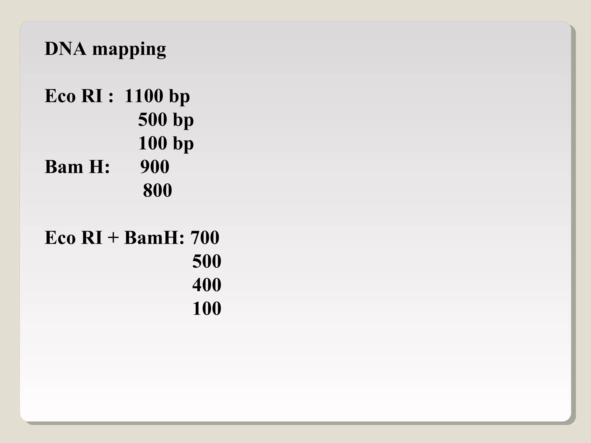 DNA mapping
Eco RI : 1100 bp
500 bp
100 bp
Bam H: 900
800
Eco RI + BamH: 700
500
400
100
 