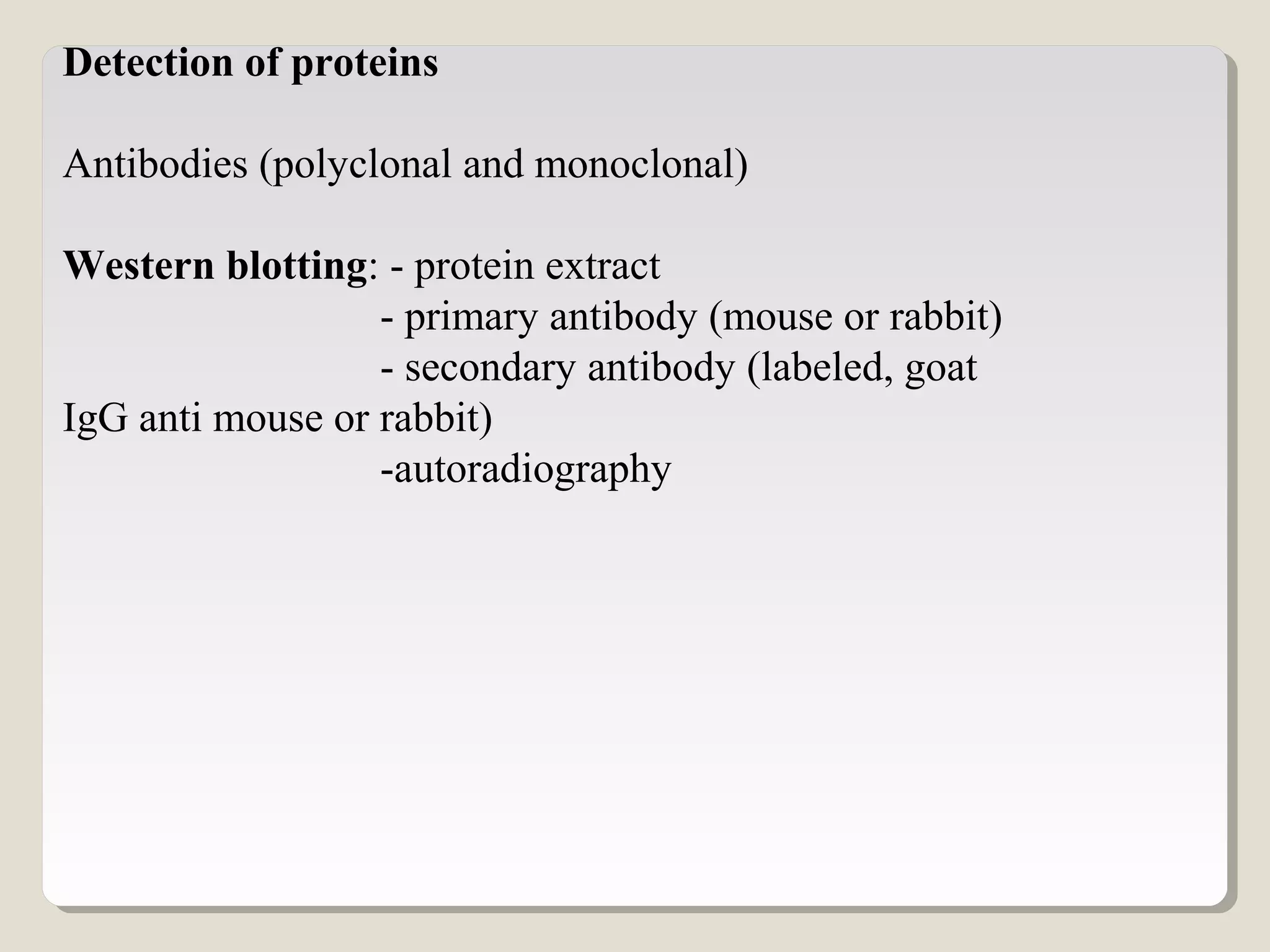Detection of proteins
Antibodies (polyclonal and monoclonal)
Western blotting: - protein extract
- primary antibody (mouse or rabbit)
- secondary antibody (labeled, goat
IgG anti mouse or rabbit)
-autoradiography
 