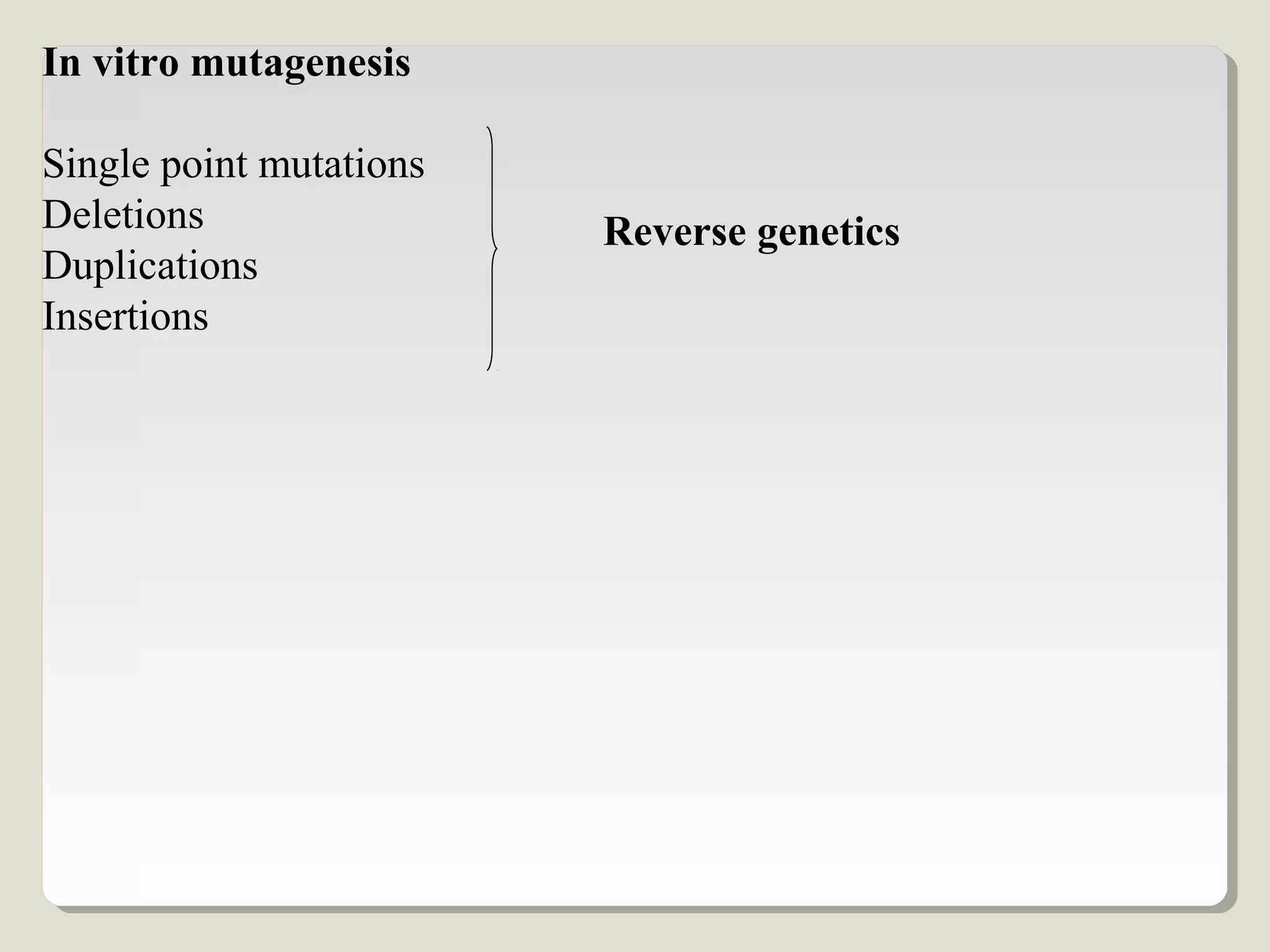 In vitro mutagenesis
Single point mutations
Deletions
Duplications
Insertions
Reverse genetics
 