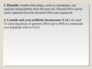2. Plasmids. Smaller than phage, easier to manipulate, can
replicate independently from the host cell. Plasmid DNA can be
easily separated from the bacterial DNA and sequenced.
3. Cosmids and yeast artificial chromosome (YAC) are used
To clone big pieces of genomic DNA (up to 45kb in cosmid and
over hundreds of kb in YAC)
 