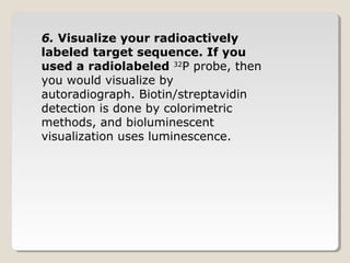 6. Visualize your radioactively
labeled target sequence. If you
used a radiolabeled 32
P probe, then
you would visualize by
autoradiograph. Biotin/streptavidin
detection is done by colorimetric
methods, and bioluminescent
visualization uses luminescence.
 