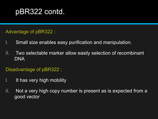 pBR322 contd.
Advantage of pBR322 :
I. Small size enables easy purification and manipulation.
II. Two selectable marker allow easily selection of recombinant
DNA
Disadvantage of pBR322 :
I. It has very high mobility
II. Not a very high copy number is present as is expected from a
good vector
 
