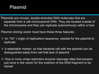 Plasmid
Plasmids are circular, double-stranded DNA molecules that are
separate from a cell chromosomal DNA. They are located outside of
the chromosome and they can replicate autonomously within a host
Plasmid cloning vector must have these three features:
 An “Ori” ( origin of replication) sequence, needed for the plasmid to
replicate.
 A selectable marker- so that bacterial cell with the plasmid can be
distinguished easily from cell that lack of plasmid
 One or more uniqe restriction enzyme cleavage sites that present
just once in the vector for the insertion of the DNA fragment to be
cloned
 