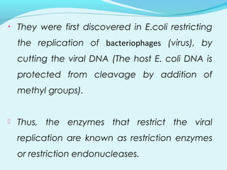 • They were first discovered in E.coli restricting
the replication of bacteriophages (virus), by
cutting the viral DNA (The host E. coli DNA is
protected from cleavage by addition of
methyl groups).
 Thus, the enzymes that restrict the viral
replication are known as restriction enzymes
or restriction endonucleases.
 