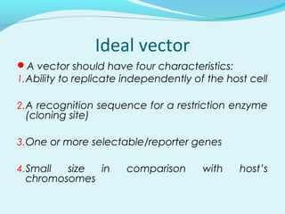 Ideal vector
A vector should have four characteristics:
1.Ability to replicate independently of the host cell
2.A recognition sequence for a restriction enzyme
(cloning site)
3.One or more selectable/reporter genes
4.Small size in comparison with host’s
chromosomes
 