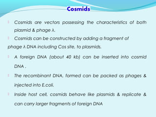  Cosmids are vectors possessing the characteristics of both
plasmid & phage λ.
 Cosmids can be constructed by adding a fragment of
phage λ DNA including Cos site, to plasmids.
 A foreign DNA (about 40 kb) can be inserted into cosmid
DNA .
 The recombinant DNA, formed can be packed as phages &
injected into E.coli.
 Inside host cell, cosmids behave like plasmids & replicate &
can carry larger fragments of foreign DNA
 
