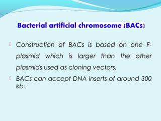  Construction of BACs is based on one F-
plasmid which is larger than the other
plasmids used as cloning vectors.
 BACs can accept DNA inserts of around 300
kb.
 