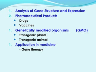 1. Analysis of Gene Structure and Expression
2. Pharmaceutical Products
 Drugs
 Vaccines
1. Genetically modified organisms (GMO)
 Transgenic plants
 Transgenic animal
1. Application in medicine
- Gene therapy
 