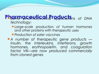 Pharmaceutical Products Some pharmaceutical applications of DNA
technology:
 Large-scale production of human hormones
and other proteins with therapeutic uses
 Production of safer vaccines
 A number of therapeutic gene products —
insulin, the interleukins, interferons, growth
hormones, erythropoietin, and coagulation
factor VIII—are now produced commercially
from cloned genes
 