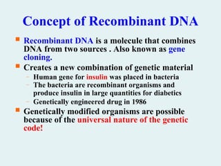 Concept of Recombinant DNA
 Recombinant DNA is a molecule that combines
DNA from two sources . Also known as gene
cloning.
 Creates a new combination of genetic material
– Human gene for insulin was placed in bacteria
– The bacteria are recombinant organisms and
produce insulin in large quantities for diabetics
– Genetically engineered drug in 1986
 Genetically modified organisms are possible
because of the universal nature of the genetic
code!
 