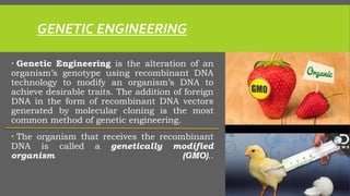 GENETIC ENGINEERING
 Genetic Engineering is the alteration of an
organism’s genotype using recombinant DNA
technology to modify an organism’s DNA to
achieve desirable traits. The addition of foreign
DNA in the form of recombinant DNA vectors
generated by molecular cloning is the most
common method of genetic engineering.
 The organism that receives the recombinant
DNA is called a genetically modified
organism (GMO)..
 