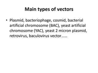 Main types of vectors
• Plasmid, bacteriophage, cosmid, bacterial
  artificial chromosome (BAC), yeast artificial
  chromosome (YAC), yeast 2 micron plasmid,
  retrovirus, baculovirus vector……
 