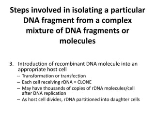 Steps involved in isolating a particular
   DNA fragment from a complex
    mixture of DNA fragments or
              molecules

3. Introduction of recombinant DNA molecule into an
   appropriate host cell
   – Transformation or transfection
   – Each cell receiving rDNA = CLONE
   – May have thousands of copies of rDNA molecules/cell
     after DNA replication
   – As host cell divides, rDNA partitioned into daughter cells
 
