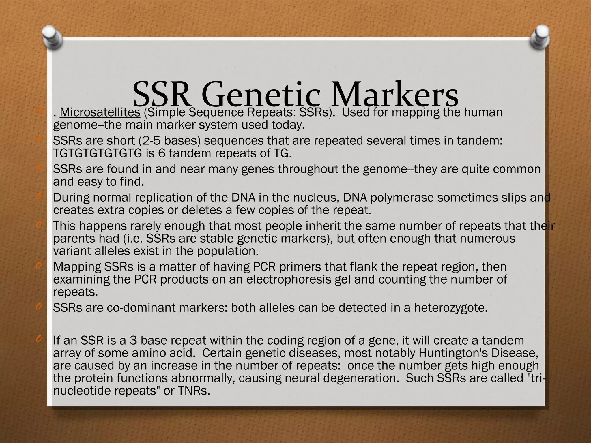 SSR Genetic MarkersO . Microsatellites (Simple Sequence Repeats: SSRs). Used for mapping the human
genome--the main marker system used today.
O SSRs are short (2-5 bases) sequences that are repeated several times in tandem:
TGTGTGTGTGTG is 6 tandem repeats of TG.
O SSRs are found in and near many genes throughout the genome--they are quite common
and easy to find.
O During normal replication of the DNA in the nucleus, DNA polymerase sometimes slips and
creates extra copies or deletes a few copies of the repeat.
O This happens rarely enough that most people inherit the same number of repeats that their
parents had (i.e. SSRs are stable genetic markers), but often enough that numerous
variant alleles exist in the population.
O Mapping SSRs is a matter of having PCR primers that flank the repeat region, then
examining the PCR products on an electrophoresis gel and counting the number of
repeats.
O SSRs are co-dominant markers: both alleles can be detected in a heterozygote.
O If an SSR is a 3 base repeat within the coding region of a gene, it will create a tandem
array of some amino acid. Certain genetic diseases, most notably Huntington's Disease,
are caused by an increase in the number of repeats: once the number gets high enough
the protein functions abnormally, causing neural degeneration. Such SSRs are called "tri-
nucleotide repeats" or TNRs.
 