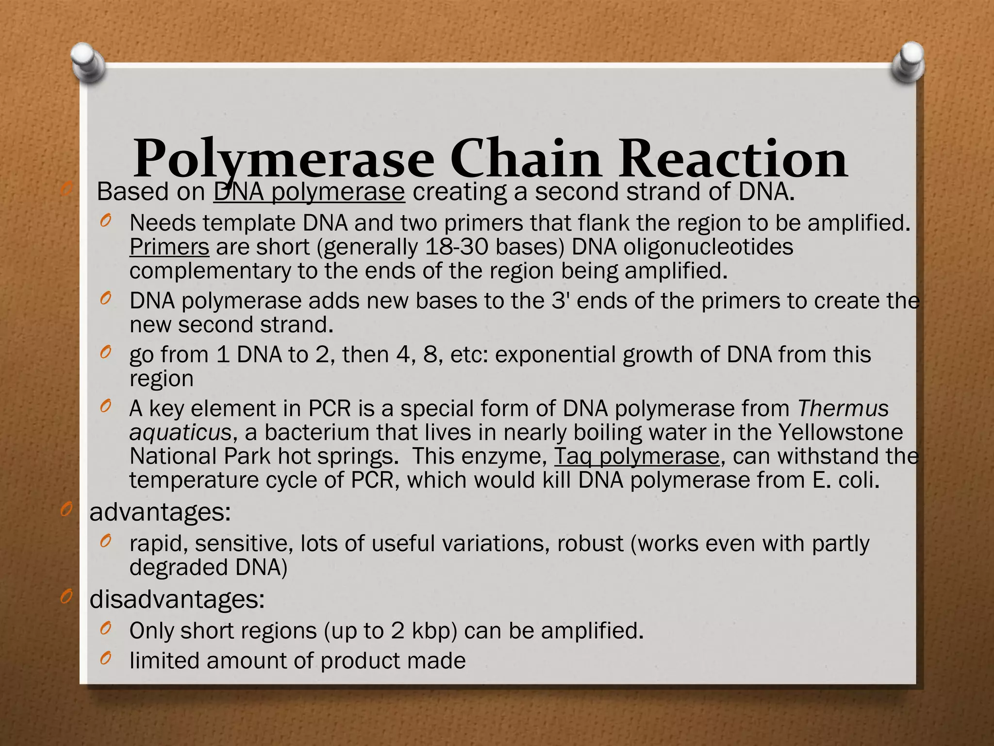 Polymerase Chain ReactionO Based on DNA polymerase creating a second strand of DNA.
O Needs template DNA and two primers that flank the region to be amplified.
Primers are short (generally 18-30 bases) DNA oligonucleotides
complementary to the ends of the region being amplified.
O DNA polymerase adds new bases to the 3' ends of the primers to create the
new second strand.
O go from 1 DNA to 2, then 4, 8, etc: exponential growth of DNA from this
region
O A key element in PCR is a special form of DNA polymerase from Thermus
aquaticus, a bacterium that lives in nearly boiling water in the Yellowstone
National Park hot springs. This enzyme, Taq polymerase, can withstand the
temperature cycle of PCR, which would kill DNA polymerase from E. coli.
O advantages:
O rapid, sensitive, lots of useful variations, robust (works even with partly
degraded DNA)
O disadvantages:
O Only short regions (up to 2 kbp) can be amplified.
O limited amount of product made
 