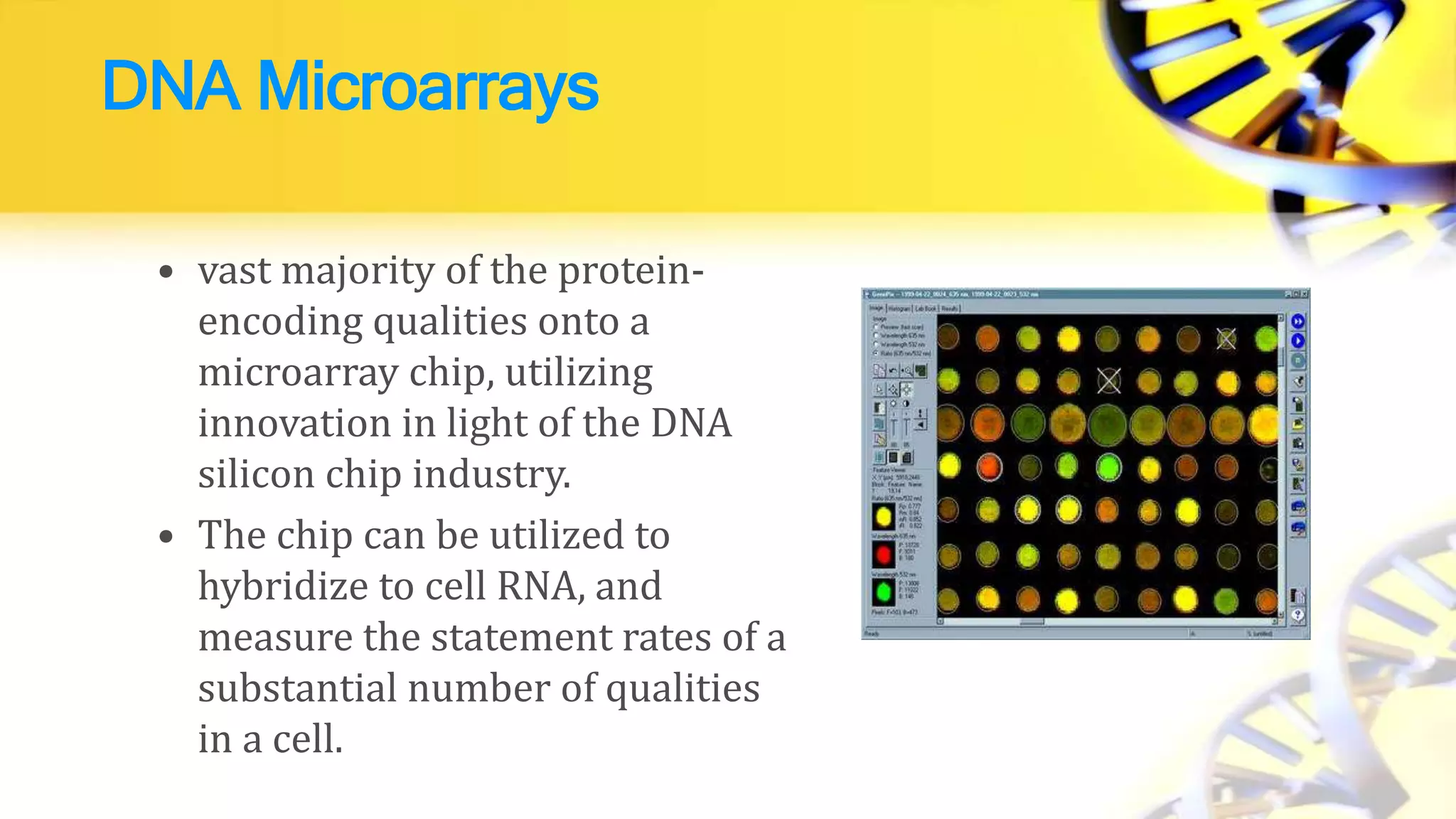 DNA Microarrays
• vast majority of the protein-
encoding qualities onto a
microarray chip, utilizing
innovation in light of the DNA
silicon chip industry.
• The chip can be utilized to
hybridize to cell RNA, and
measure the statement rates of a
substantial number of qualities
in a cell.
 