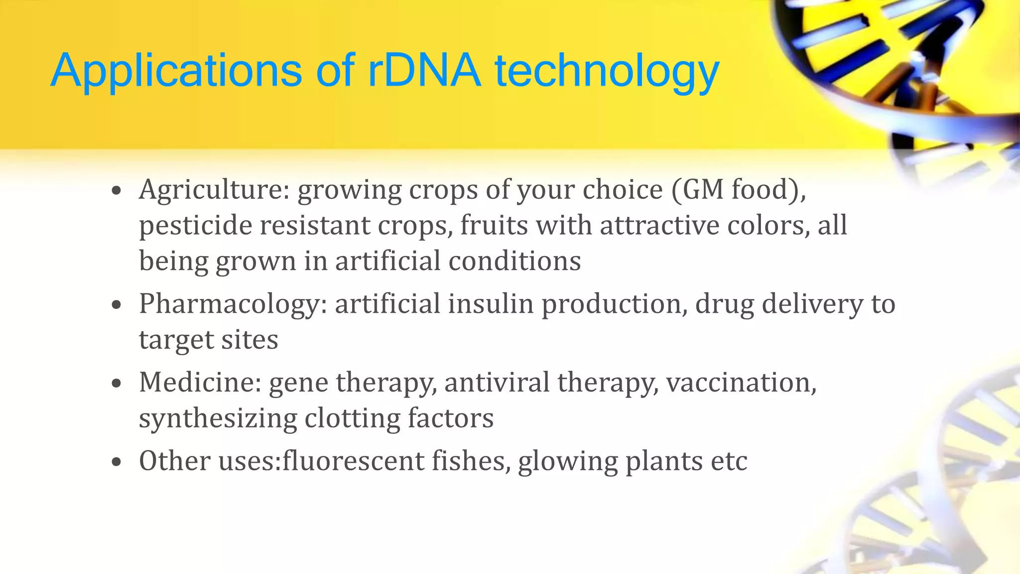 Applications of rDNA technology
• Agriculture: growing crops of your choice (GM food),
pesticide resistant crops, fruits with attractive colors, all
being grown in artificial conditions
• Pharmacology: artificial insulin production, drug delivery to
target sites
• Medicine: gene therapy, antiviral therapy, vaccination,
synthesizing clotting factors
• Other uses:fluorescent fishes, glowing plants etc
 