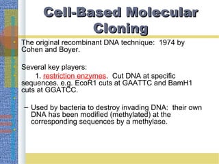 Cell-Based MolecularCell-Based Molecular
CloningCloning
• The original recombinant DNA technique: 1974 by
Cohen and Boyer.
•
• Several key players:
• 1. restriction enzymes. Cut DNA at specific
sequences. e.g. EcoR1 cuts at GAATTC and BamH1
cuts at GGATCC.
•
– Used by bacteria to destroy invading DNA: their own
DNA has been modified (methylated) at the
corresponding sequences by a methylase.
•
 