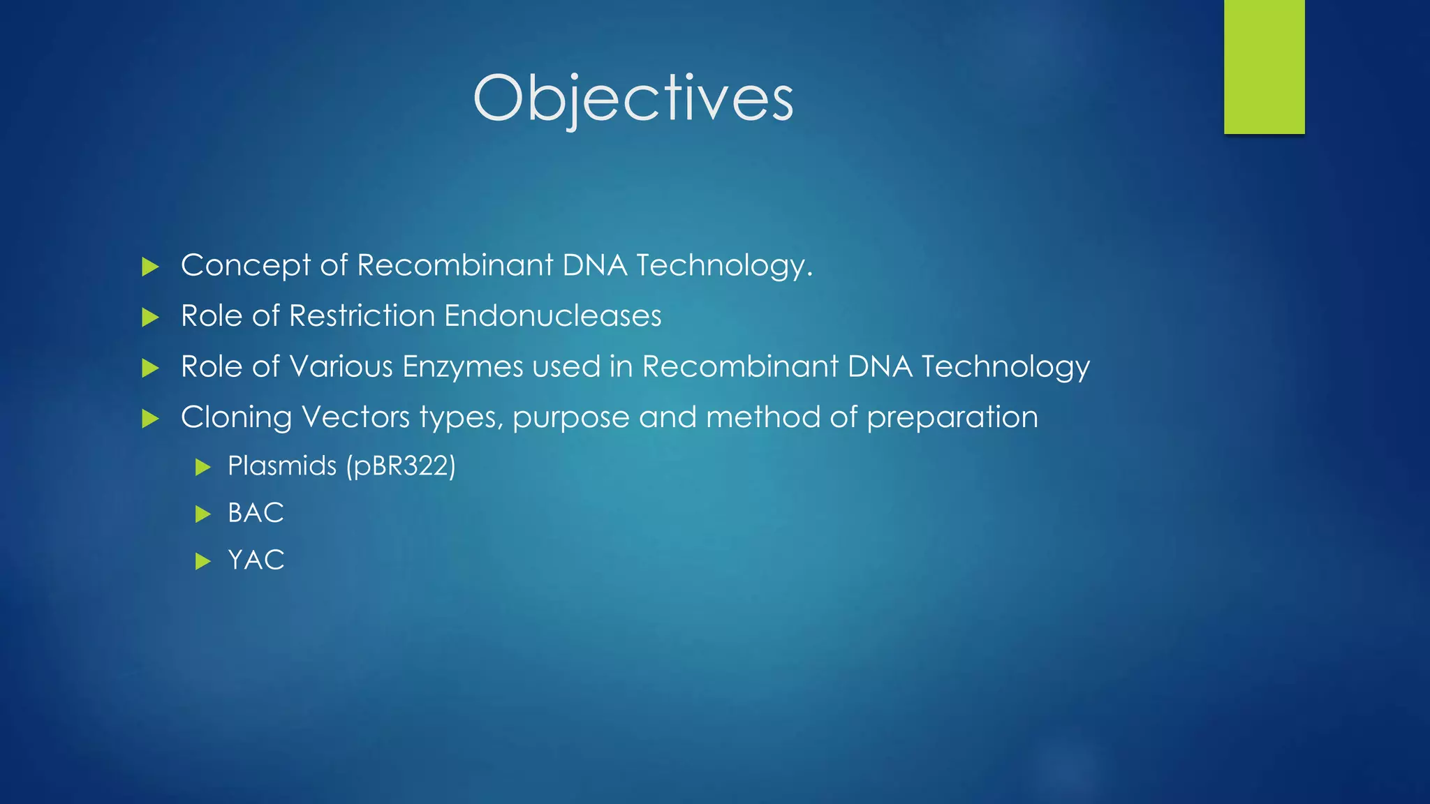 Objectives
 Concept of Recombinant DNA Technology.
 Role of Restriction Endonucleases
 Role of Various Enzymes used in Recombinant DNA Technology
 Cloning Vectors types, purpose and method of preparation
 Plasmids (pBR322)
 BAC
 YAC
 