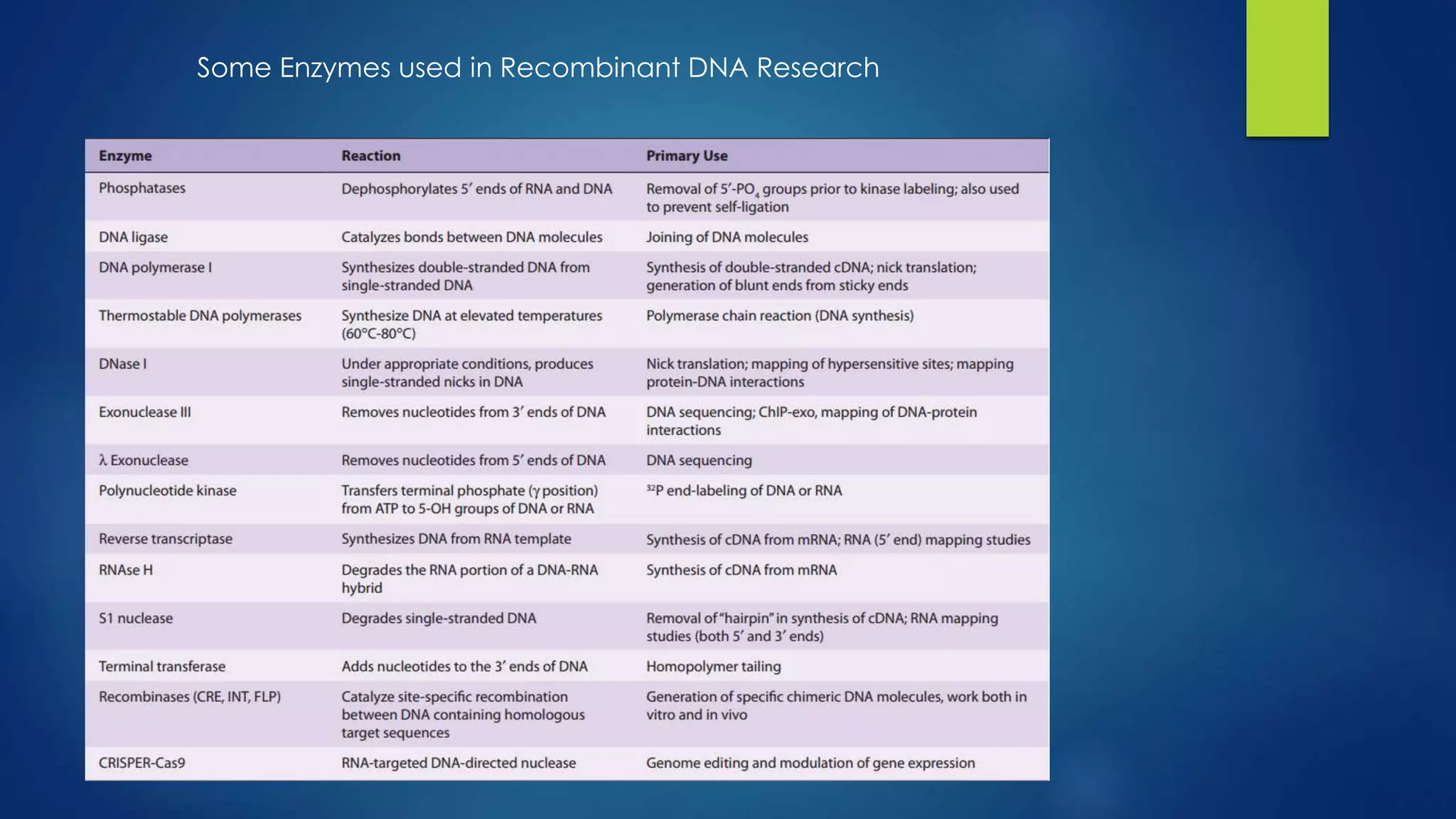 Some Enzymes used in Recombinant DNA Research
 