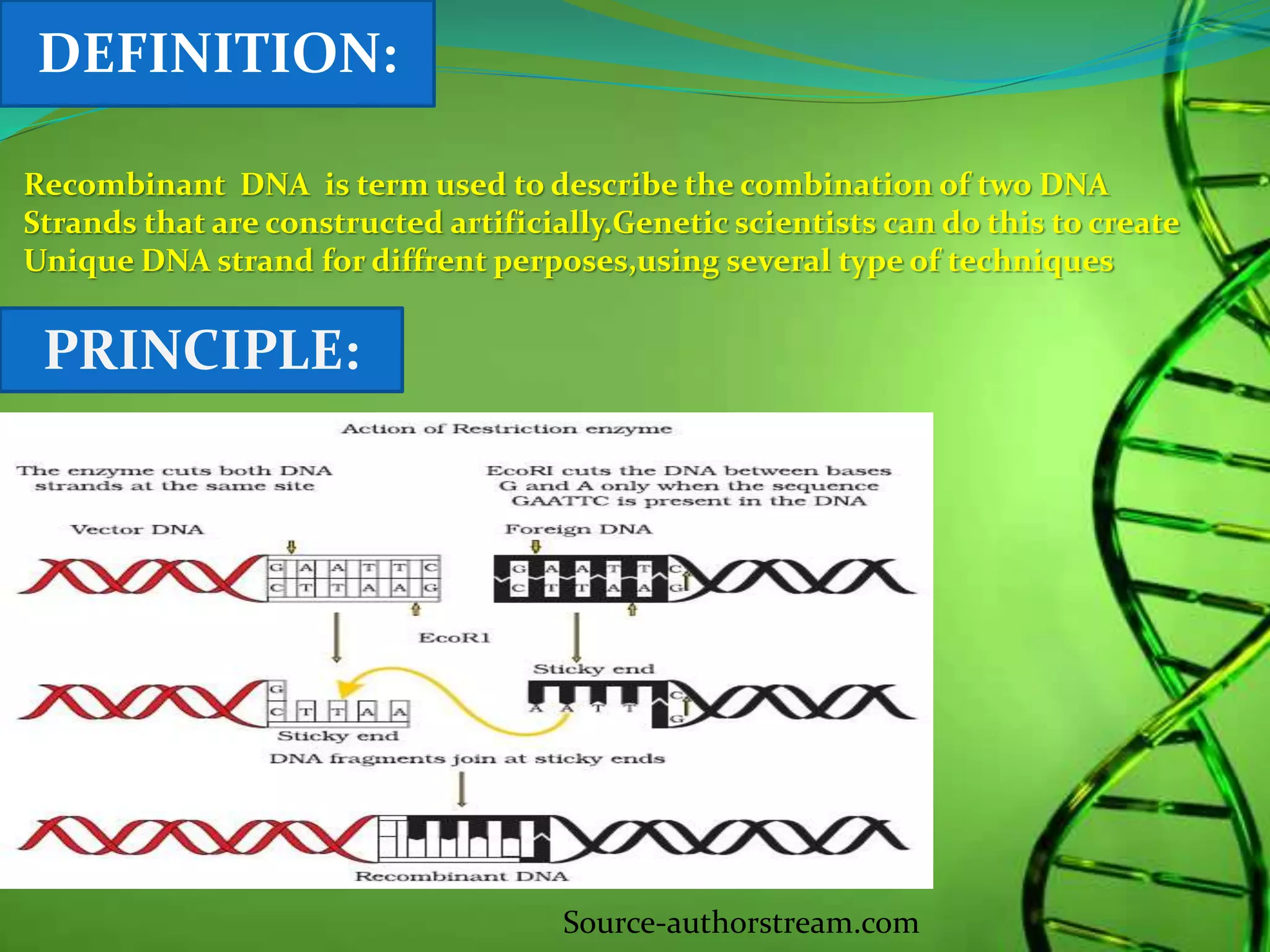 Recombinant DNA is term used to describe the combination of two DNA
Strands that are constructed artificially.Genetic scientists can do this to create
Unique DNA strand for diffrent perposes,using several type of techniques
DEFINITION:
PRINCIPLE:
Source-authorstream.com
 