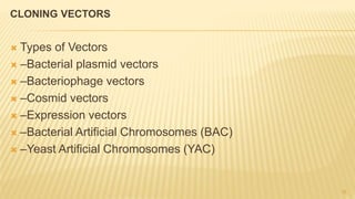 CLONING VECTORS
 Types of Vectors
 –Bacterial plasmid vectors
 –Bacteriophage vectors
 –Cosmid vectors
 –Expression vectors
 –Bacterial Artificial Chromosomes (BAC)
 –Yeast Artificial Chromosomes (YAC)
15
 
