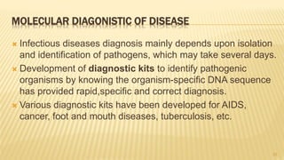 MOLECULAR DIAGONISTIC OF DISEASE
 Infectious diseases diagnosis mainly depends upon isolation
and identification of pathogens, which may take several days.
 Development of diagnostic kits to identify pathogenic
organisms by knowing the organism-specific DNA sequence
has provided rapid,specific and correct diagnosis.
 Various diagnostic kits have been developed for AIDS,
cancer, foot and mouth diseases, tuberculosis, etc.
22
 