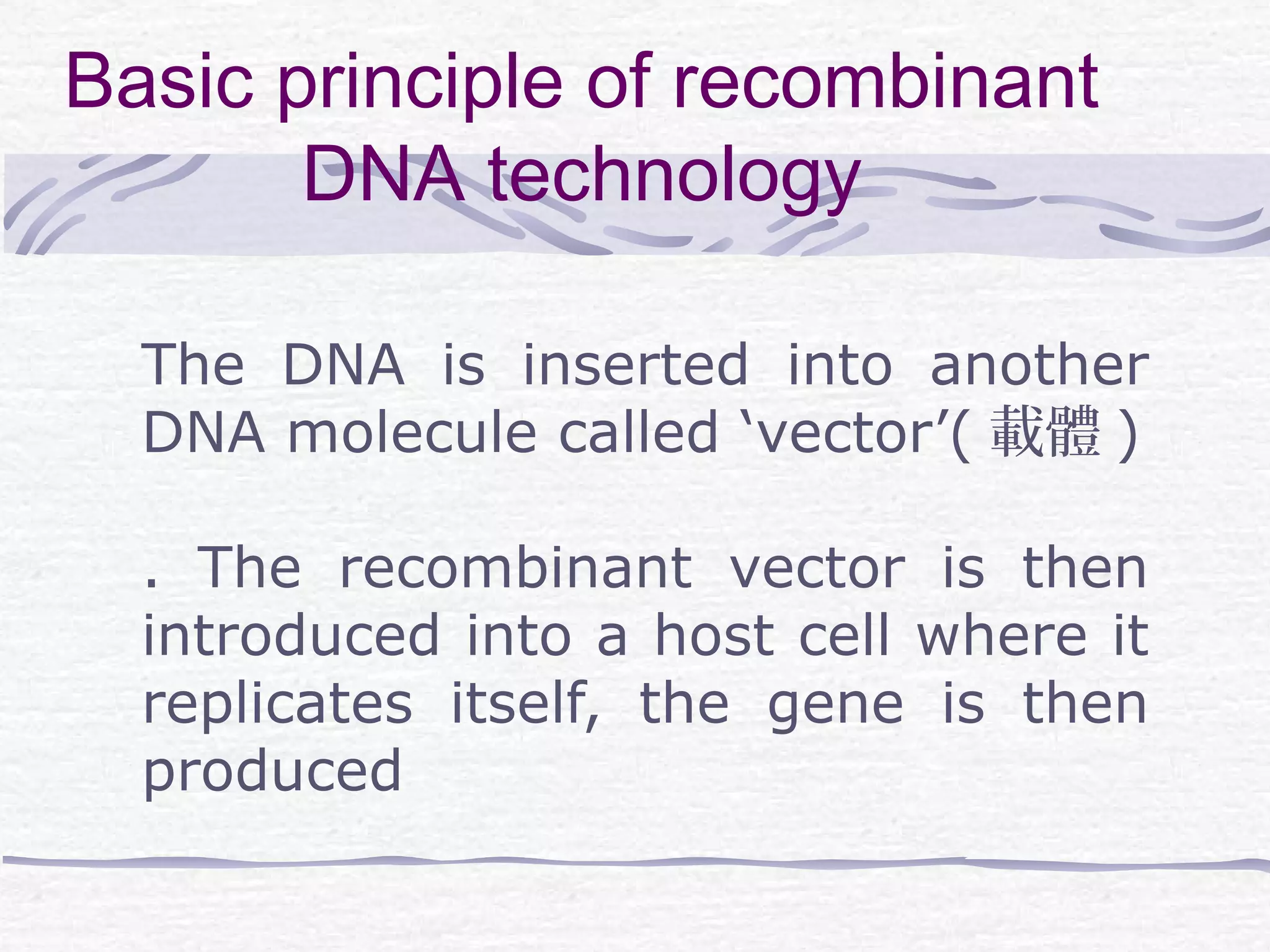 Basic principle of recombinant
DNA technology
The DNA is inserted into another
DNA molecule called ‘vector’( 載體 )
. The recombinant vector is then
introduced into a host cell where it
replicates itself, the gene is then
produced
 
