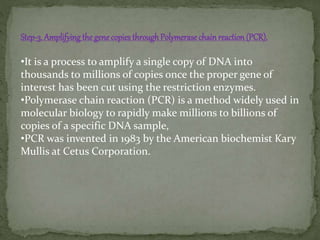 Step-3. Amplifyingthe genecopies throughPolymerase chainreaction (PCR).
•It is a process to amplify a single copy of DNA into
thousands to millions of copies once the proper gene of
interest has been cut using the restriction enzymes.
•Polymerase chain reaction (PCR) is a method widely used in
molecular biology to rapidly make millions to billions of
copies of a specific DNA sample,
•PCR was invented in 1983 by the American biochemist Kary
Mullis at Cetus Corporation.
 