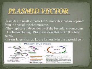 Plasmids are small, circular DNA molecules that are separate
from the rest of the chromosome.
• They replicate independently of the bacterial chromosome.
• Useful for cloning DNA inserts less that 20 kb (kilobase
pairs).
• Inserts larger than 20 kb are lost easily in the bacterial cell.
 