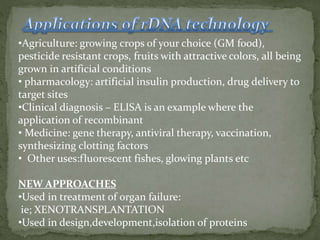 •Agriculture: growing crops of your choice (GM food),
pesticide resistant crops, fruits with attractive colors, all being
grown in artificial conditions
• pharmacology: artificial insulin production, drug delivery to
target sites
•Clinical diagnosis – ELISA is an example where the
application of recombinant
• Medicine: gene therapy, antiviral therapy, vaccination,
synthesizing clotting factors
• Other uses:fluorescent fishes, glowing plants etc
NEW APPROACHES
•Used in treatment of organ failure:
ie; XENOTRANSPLANTATION
•Used in design,development,isolation of proteins
 